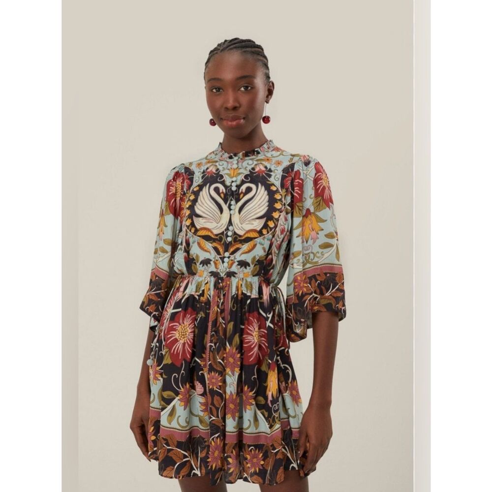 NWT FARM Rio Flowing Beauty Blue Swan Floral Mini Dress XS Boho Resort $260